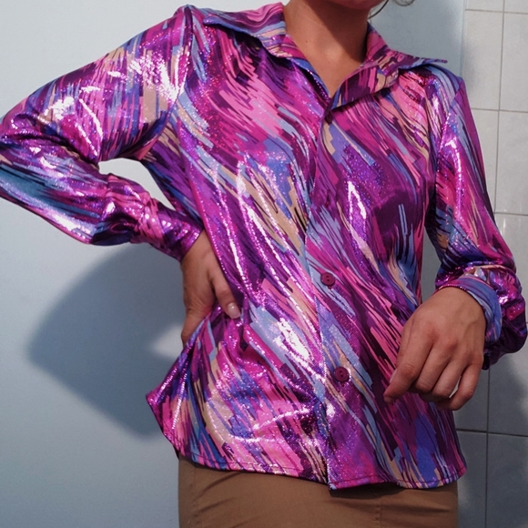 Vintage 70s Pink and Purple Sparkle Blouse - Picture 2 of 2